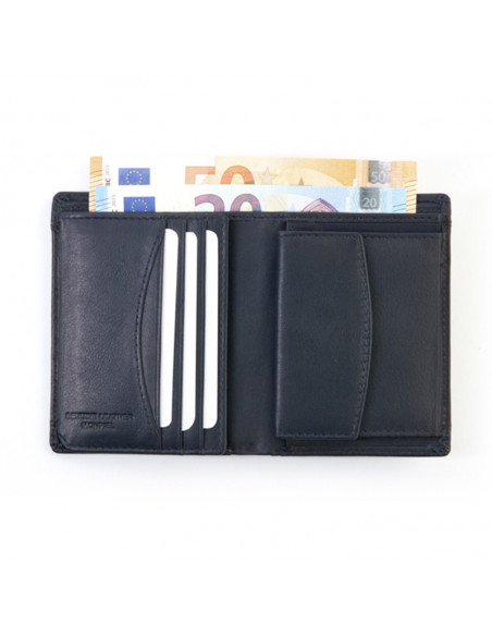 Large leather wallet with coin purse in black, open on a white background - MONPIEL