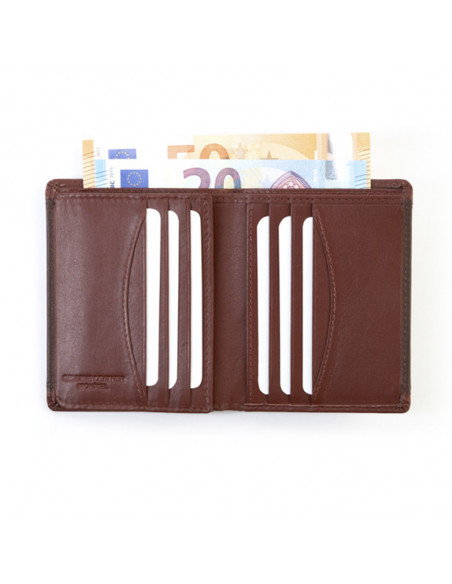 Basic leather wallet in brown, open on a white background - MONPIEL