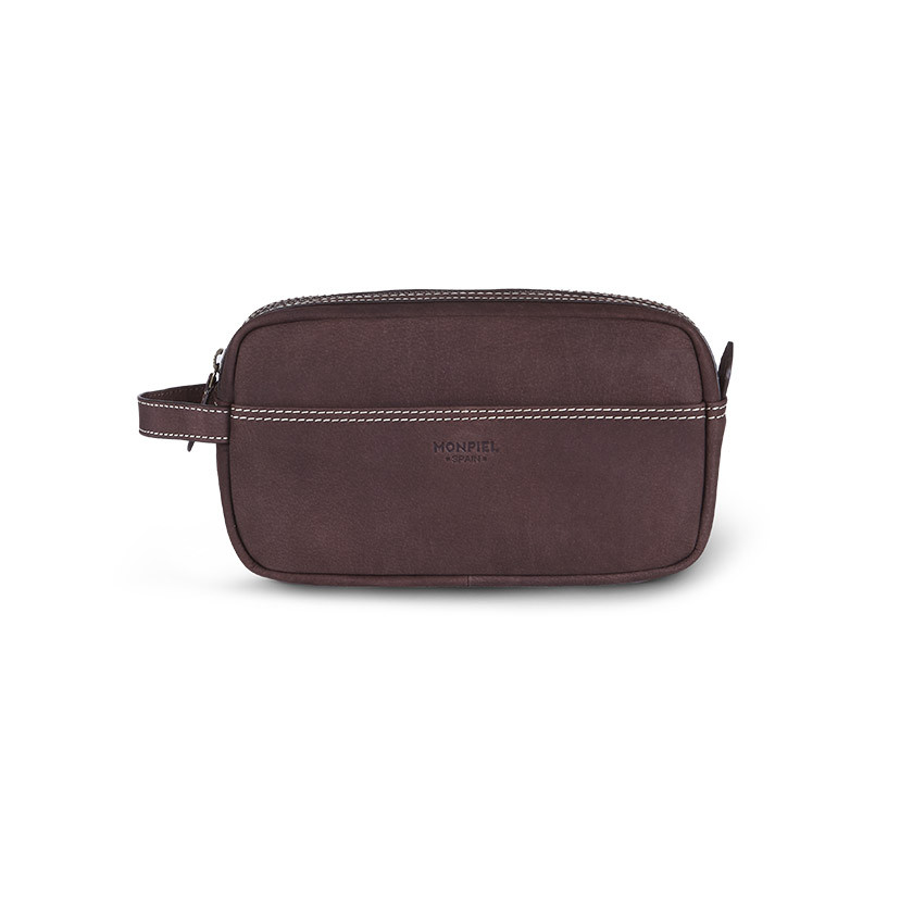 Brown leather men's toiletry bag, shown from the front on a white background - MONPIEL