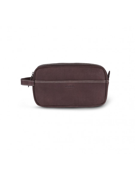 Necessaire masculino de couro marrom com vista frontal sobre fundo branco - MONPIEL Necessaire masculino de couro marrom com vista frontal sobre fundo branco - MONPIEL
