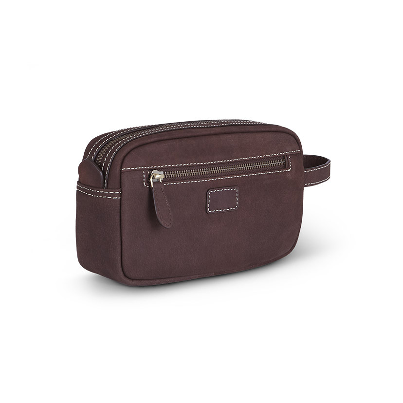 Brown leather men's toiletry bag, shown from the back and slightly lateral with back pocket detail on a white backgrou - MONPIEL