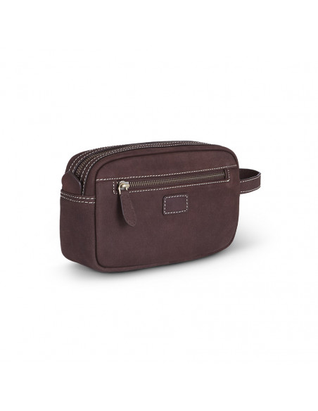 Trousse de toilette pour homme en cuir marron avec vue arrière et légèrement latérale, avec détail de poche arrière su - MONPIEL