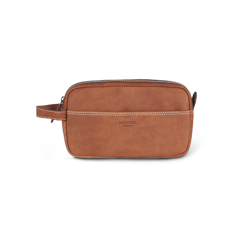 Havana leather men's toiletry bag, shown from the front on a white background - MONPIEL