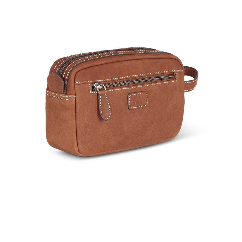Havana leather men's toiletry bag, shown from the back and slightly lateral on a white background - MONPIEL
