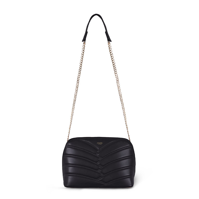 Black leather quilted bag with gold chain, shown from the front on a white background - MONPIEL