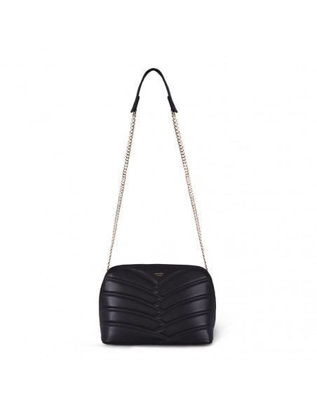 Black leather quilted bag with gold chain, shown from the front on a white background - MONPIEL Black leather quilted bag with gold chain, shown from the front on a white background - MONPIEL