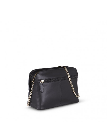 Bolso acolchado de piel con cadena oro en color negro con vista trasera sobre fondo blanco - MONPIEL Bolso acolchado de piel con cadena oro en color negro con vista trasera sobre fondo blanco - MONPIEL