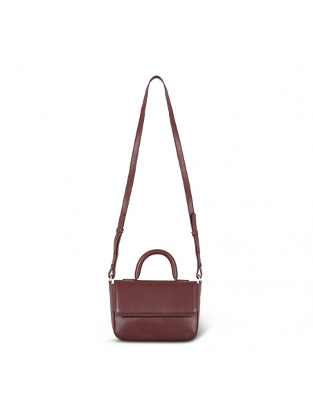 Piccola borsa in pelle Armado color marrone, vista frontale con manico lungo su uno sfondo bianco - MONPIEL