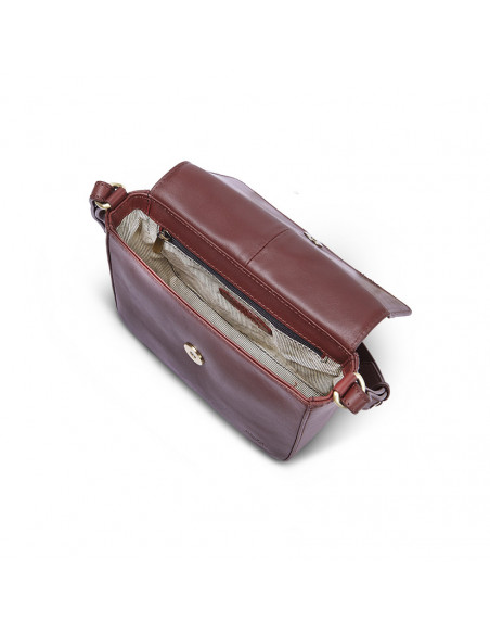 Piccola borsa in pelle Armado color marrone, vista dall'alto con dettaglio interno su uno sfondo bianco - MONPIEL