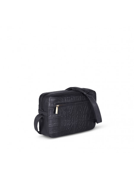 Black leather crocodile print crossbody bag, shown from the back in perspective on a white background - MONPIEL Black leather crocodile print crossbody bag, shown from the back in perspective on a white background - MONPIEL