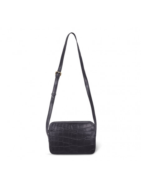 Bolsa transversal de couro coco na cor preta com vista frontal, alça longa sobre fundo branco - MONPIEL Bolsa transversal de couro coco na cor preta com vista frontal, alça longa sobre fundo branco - MONPIEL