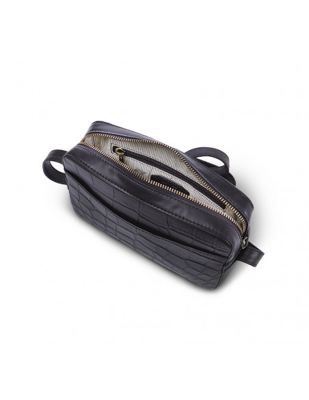 Black leather crocodile print crossbody bag, shown from above with open zipper on a white background - MONPIEL Black leather crocodile print crossbody bag, shown from above with open zipper on a white background - MONPIEL