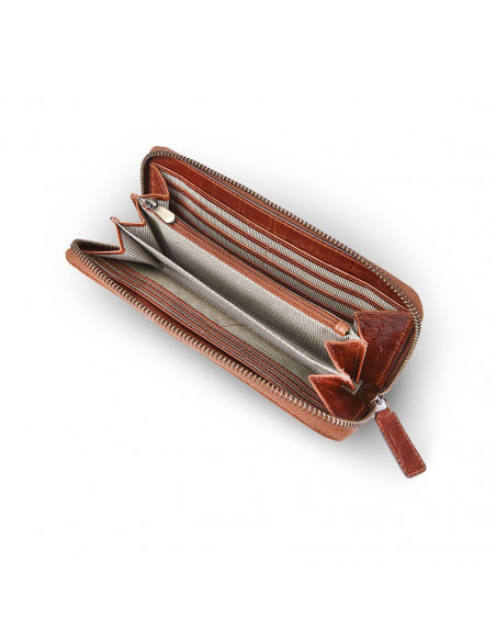 Leather wallet for women in brown, with open zipper, interior detail on a white background - MONPIEL
