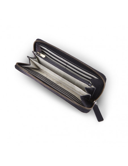 Portefeuille femme en cuir noir avec fermeture éclair ouverte, détail intérieur sur fond blanc - MONPIEL