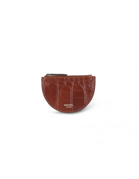 Half-moon leather coin purse in tan, shown from the front on a white background - MONPIEL