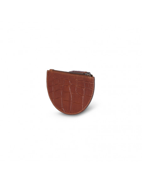Half-moon leather coin purse in tan, shown from the back in perspective on a white background - MONPIEL