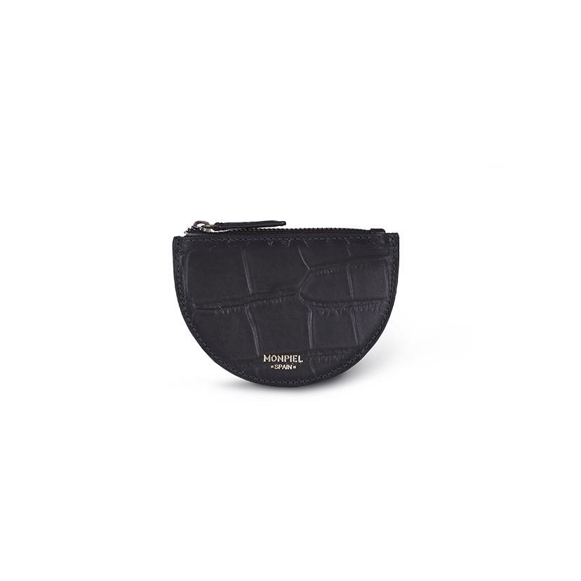 Half-moon leather coin purse in black, shown from the front on a white background - MONPIEL
