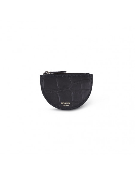 Half-moon leather coin purse in black, shown from the front on a white background - MONPIEL Half-moon leather coin purse in black, shown from the front on a white background - MONPIEL