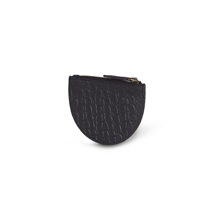 Half-moon leather coin purse in black, shown from the back in perspective on a white background - MONPIEL