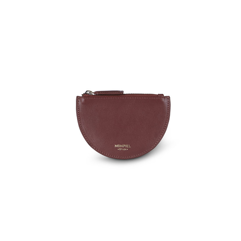 Half-moon leather coin purse in brown, shown from the front on a white background - MONPIEL