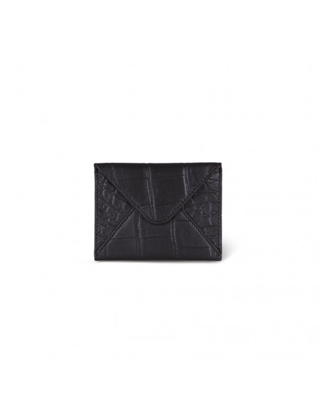 Porte-cartes en cuir en forme d'enveloppe noire avec vue de face sur fond blanc - MONPIEL Porte-cartes en cuir en forme d'enveloppe noire avec vue de face sur fond blanc - MONPIEL