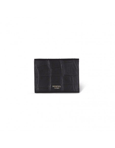 Porte-cartes en cuir en forme d'enveloppe noire avec vue arrière sur fond blanc - MONPIEL Porte-cartes en cuir en forme d'enveloppe noire avec vue arrière sur fond blanc - MONPIEL
