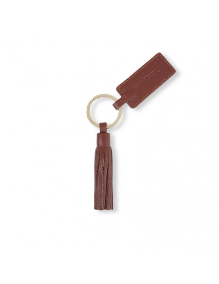 Porte-clés à franges en cuir couleur cuir avec vue de face sur fond blanc - MONPIEL Porte-clés à franges en cuir couleur cuir avec vue de face sur fond blanc - MONPIEL