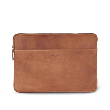 Housse pour ordinateur portable en cuir de 13" et 14" pouces couleur cuir avec vue de face sur fond blanc - MONPIEL