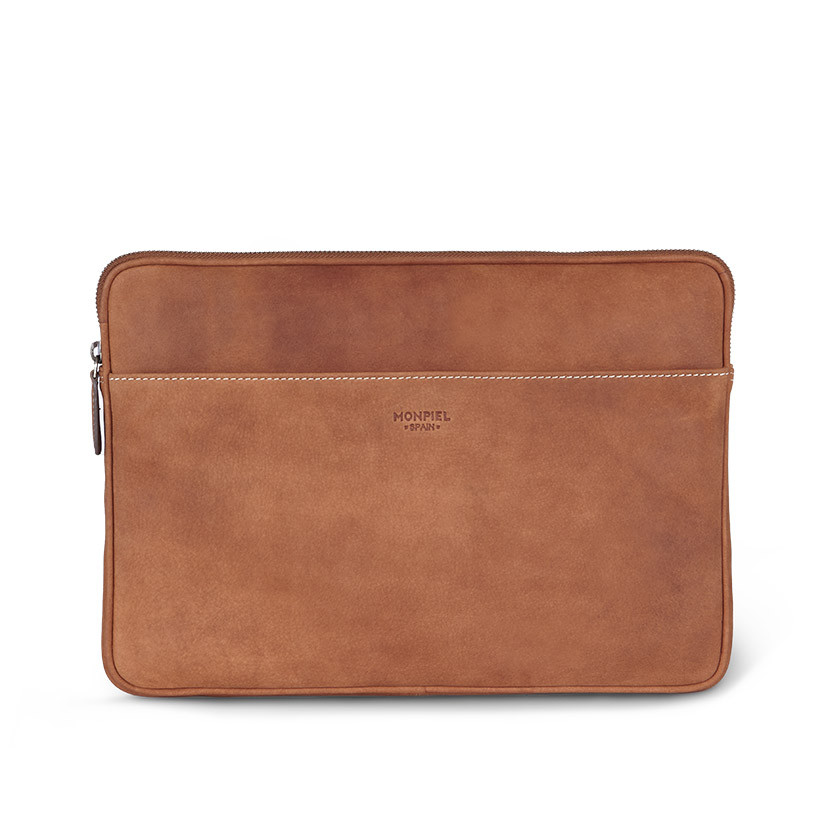 13" and 14"-inch leather laptop sleeve in tan, shown from the front on a white background - MONPIEL