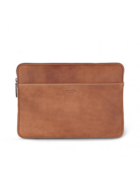 Leather laptop sleeve for 13" and 14" inches in leather color with front view on white background - MONPIEL