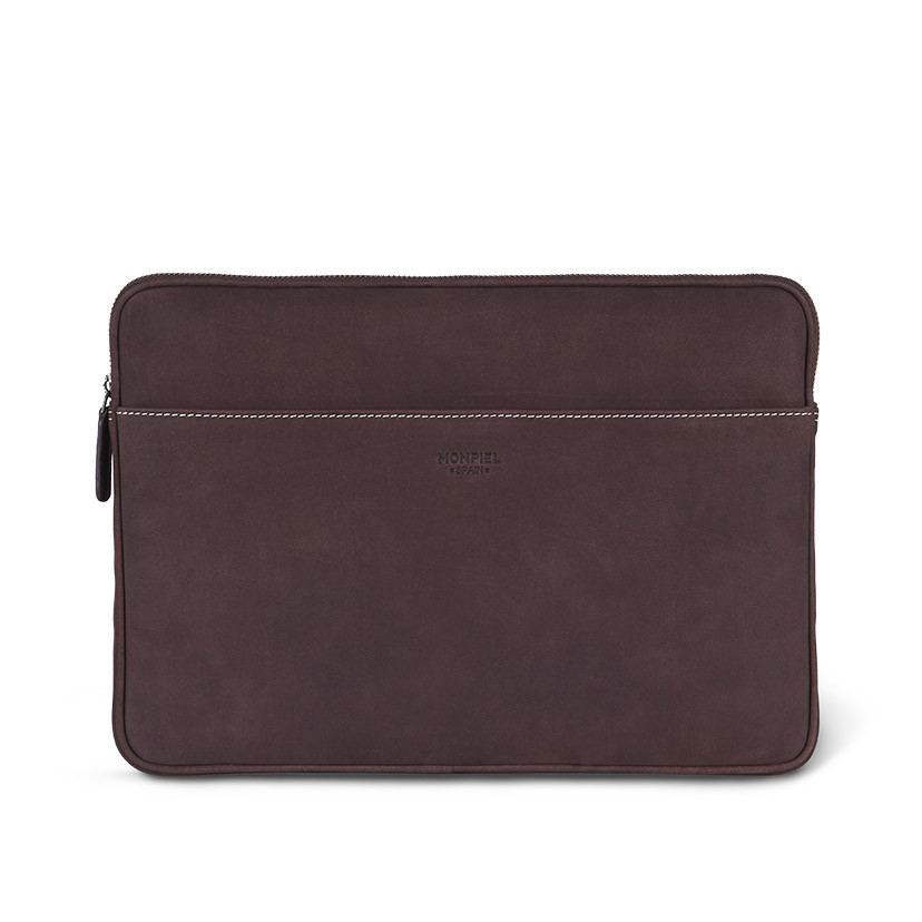 13" and 14"-inch leather laptop sleeve in brown, shown from the front on a white background - MONPIEL