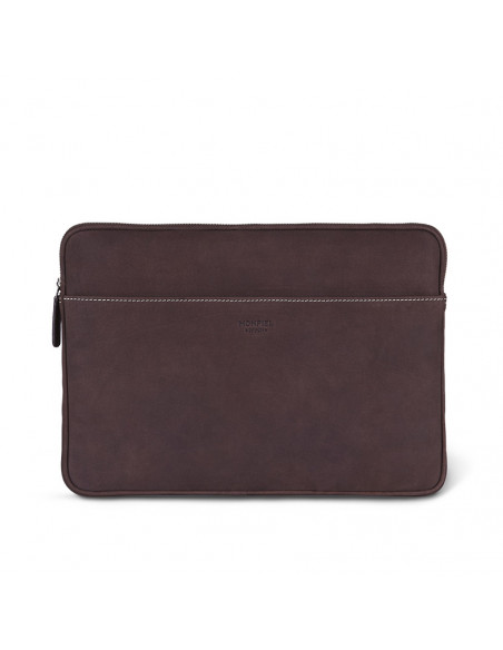 Housse pour ordinateur portable en cuir de 13" et 14" pouces marron avec vue de face sur fond blanc - MONPIEL