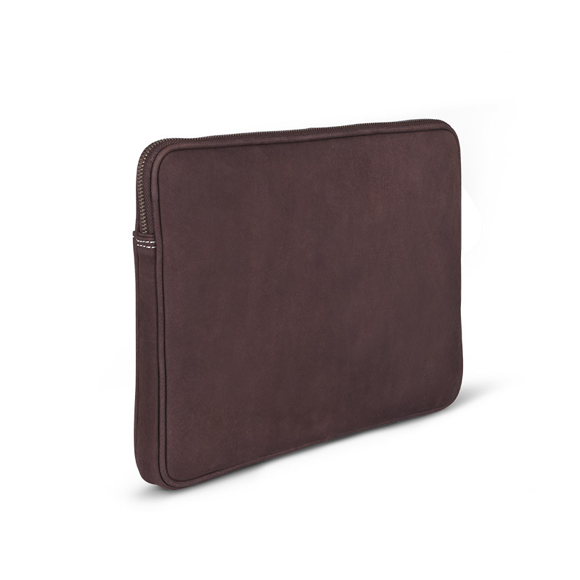 13" and 14"-inch leather laptop sleeve in brown, shown from the back in perspective on a white background - MONPIEL