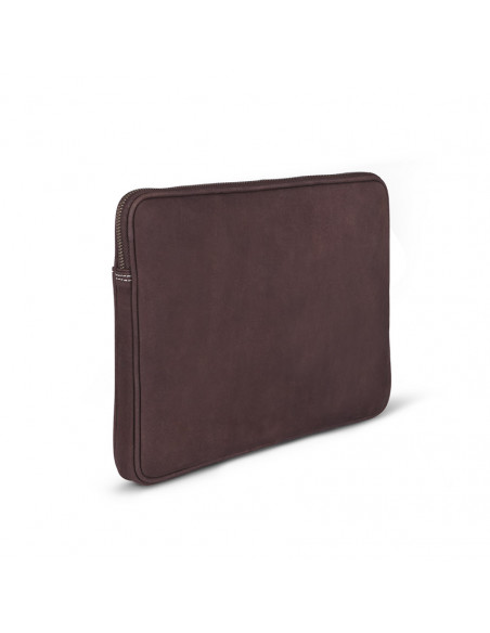 13" and 14"-inch leather laptop sleeve in brown, shown from the back in perspective on a white background - MONPIEL