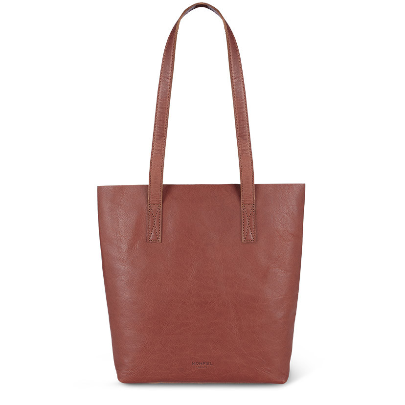 Bolsa shopper de couro na cor couro com vista frontal sobre fundo branco - MONPIEL