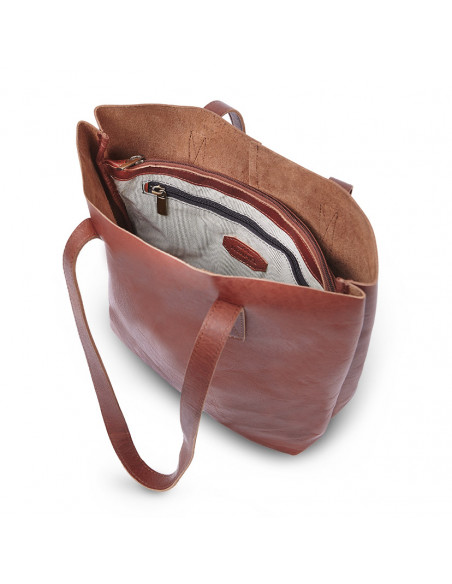 Sac shopper en cuir couleur cuir avec détail de sac ouvert, fermeture intérieure zippée sur fond blanc - MONPIEL