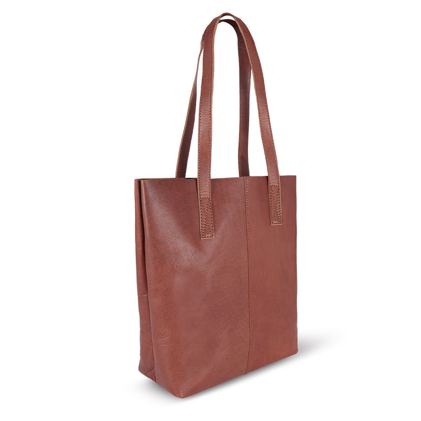 Bolsa shopper de couro na cor couro com vista frontal e detalhe das alças sobre fundo branco - MONPIEL