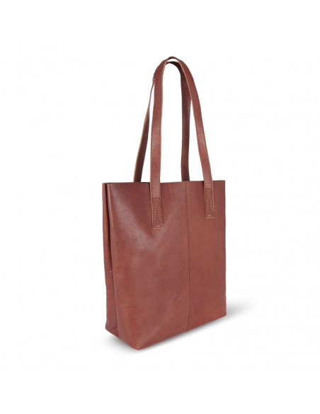 Tan leather shopper bag, shown from the front with handle details on a white background - MONPIEL