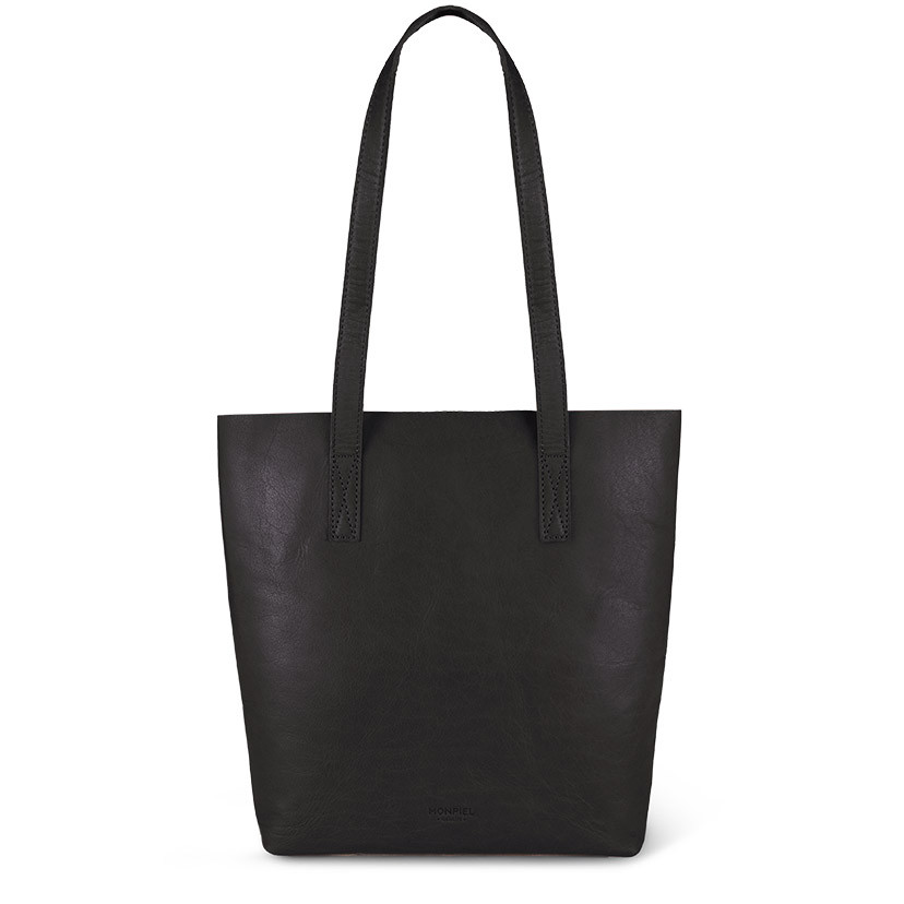 Black leather shopper bag, shown from the back with handle details on a white background - MONPIEL