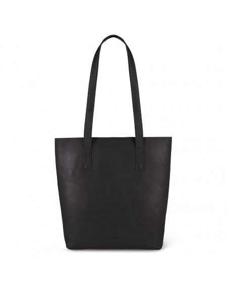 Sac shopper en cuir noir avec vue arrière et détails des poignées sur fond blanc - MONPIEL Sac shopper en cuir noir avec vue arrière et détails des poignées sur fond blanc - MONPIEL