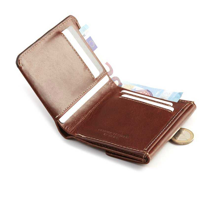 Small Havana leather men's wallet with billfold and coin purse, shown in perspective on a white background - MONPIEL