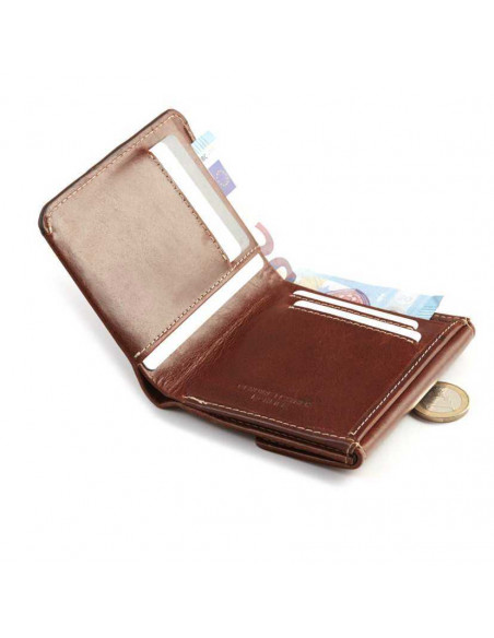 Portafoglio da uomo in pelle piccolo con portabanconote e tasca per monete, color Havana, con vista in prospettiva su - MONPIEL