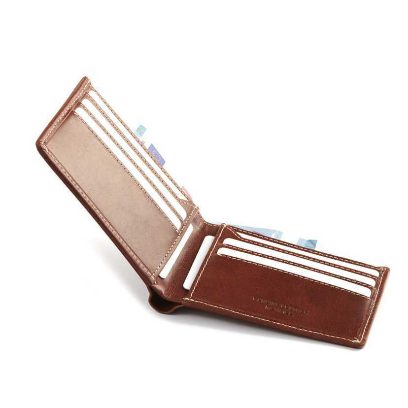 Havana leather men's wallet, shown open with card slot details on a white background - MONPIEL
