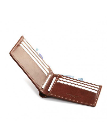 Portefeuille en cuir pour homme couleur havane avec vue de la cartera ouverte et détails des fentes sur fond blanc - MONPIEL Portefeuille en cuir pour homme couleur havane avec vue de la cartera ouverte et détails des fentes sur fond blanc - MONPIEL