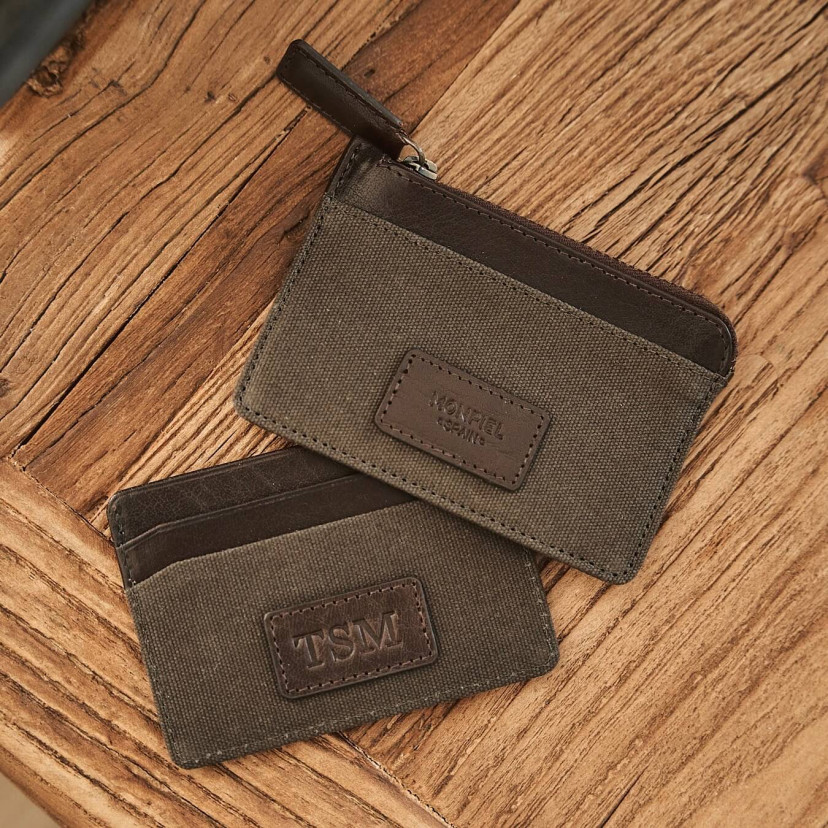 Green sport leather cardholder, shown from above with personalized detail on the back - MONPIEL