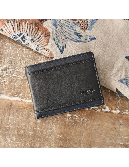 Black leather American wallet with coin purse and cardholder, shown from the front resting on a table - MONPIEL Black leather American wallet with coin purse and cardholder, shown from the front resting on a table - MONPIEL