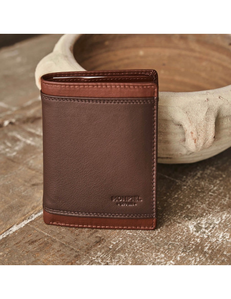 Basic Lago leather billfold in brown, front view resting on ceramic - MONPIEL