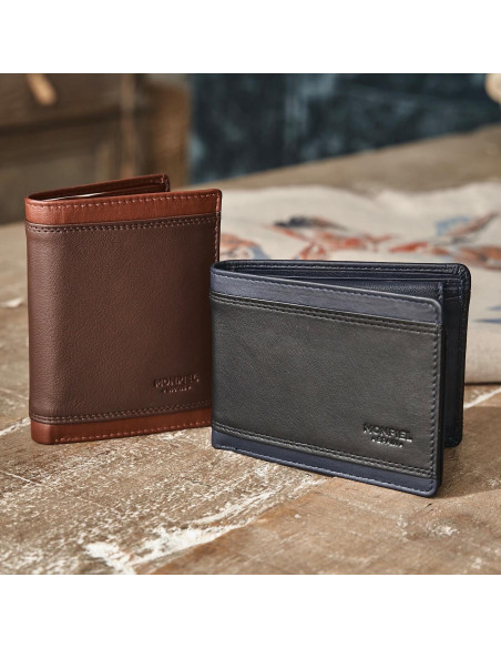 Basic Lago leather billfolds in brown and black resting on a wooden table - MONPIEL