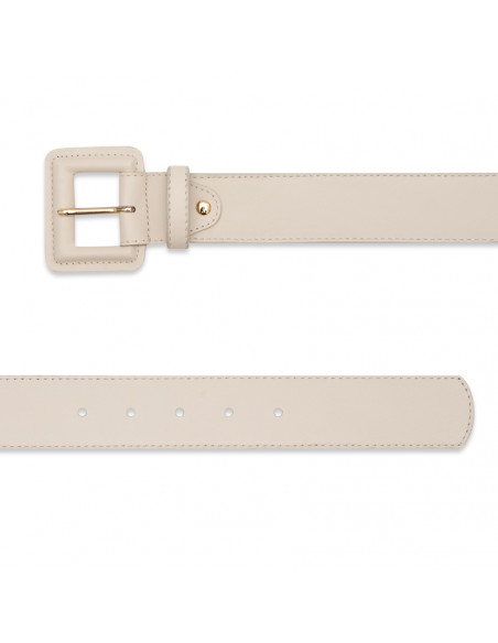 Wide women’s leather belt with covered buckle in beige, front view on white background - MONPIEL Wide women’s leather belt with covered buckle in beige, front view on white background - MONPIEL