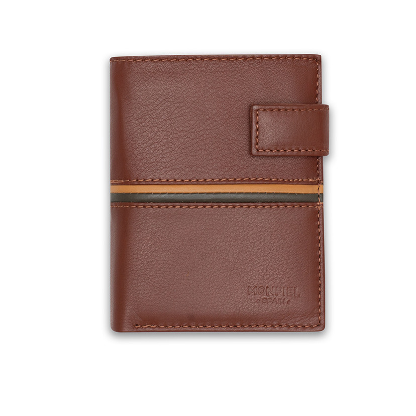 Leather wallet with clasp and coin purse inside, striped in Havana color, shown from the front on a white background - MONPIEL